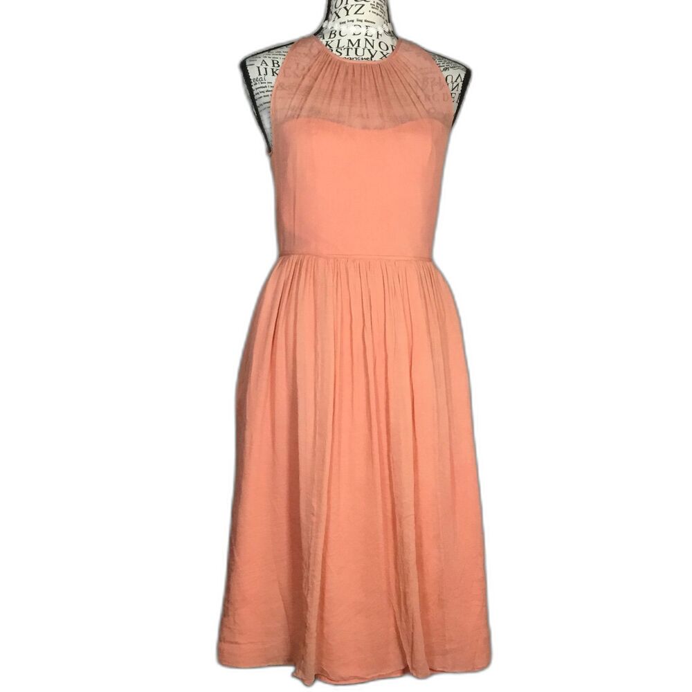 J Crew peach silk dress loveheart sheer front lined knee length fairycore sz 0